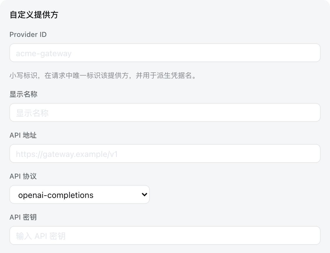 自定义提供方表单:Provider ID、显示名称、API 地址、API 协议、API 密钥